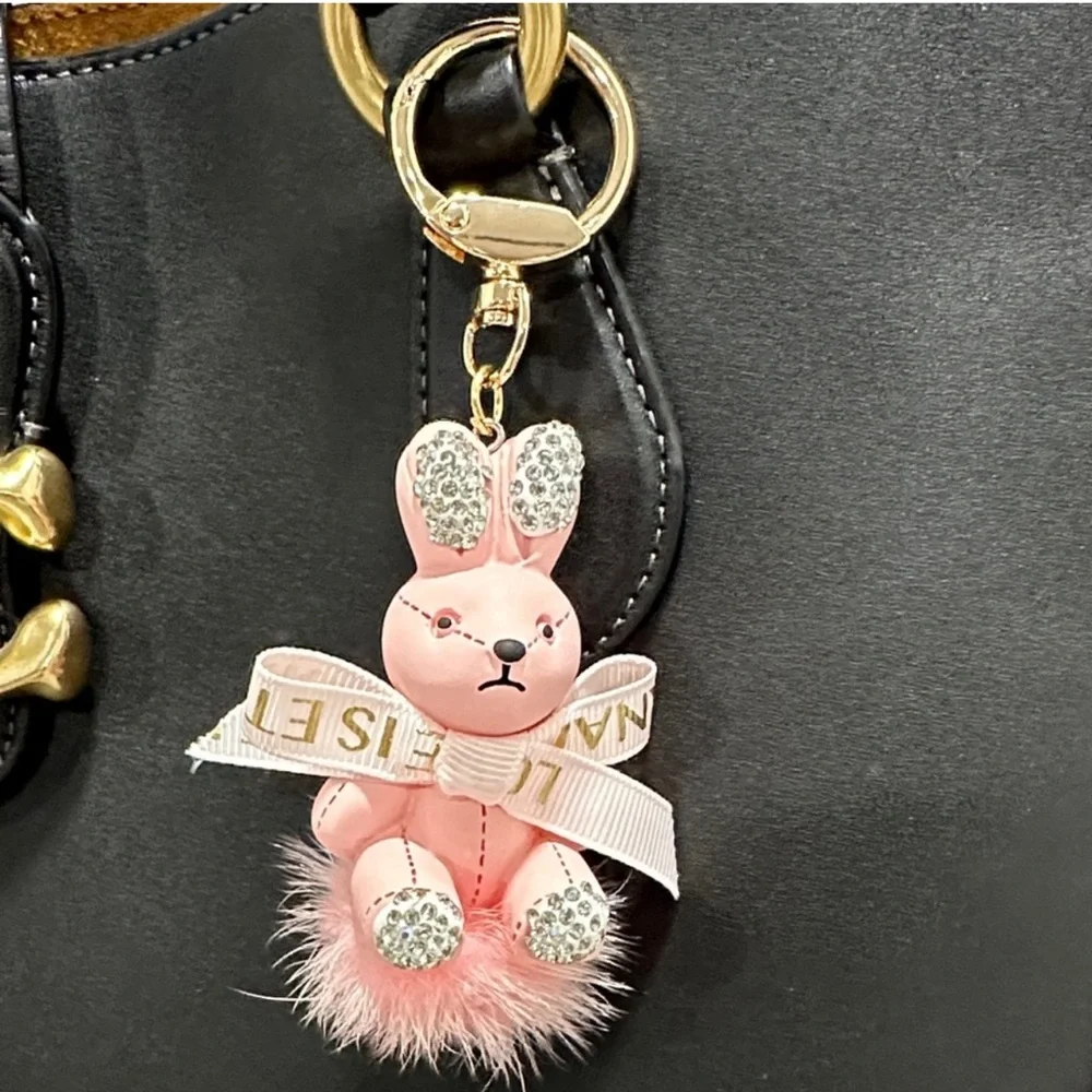 WHITE Bunny Pom Pom Keychain Bag Charm -